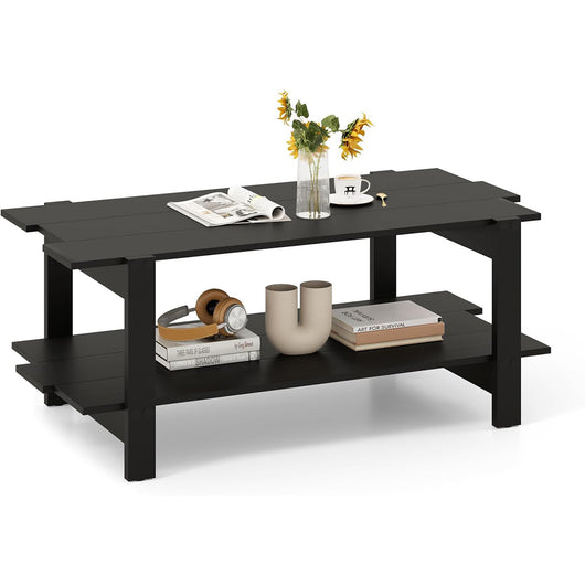 Tavolo rettangolare per cocktail da salotto, Tavolo centrale in legno con mensola di stoccaggio Nero-Tavolini da salotto