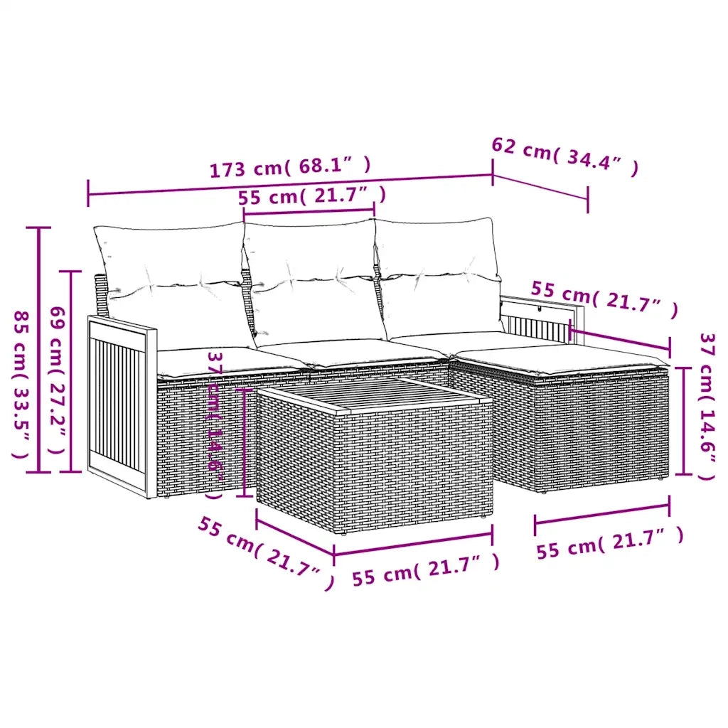 Set Divani da Giardino 5 pz | Set Salotto da Giardino con Cuscini in Polyrattan Nero