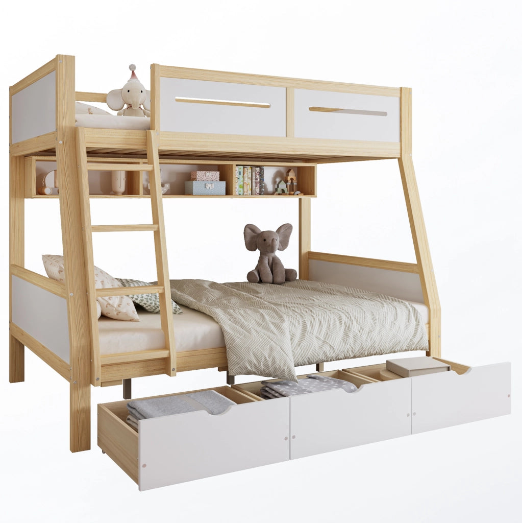 Letto a castello bambini 90x200 cm e 120x200 cm con cassetti e libreria in legno; MDF e compensato bianco e naturale