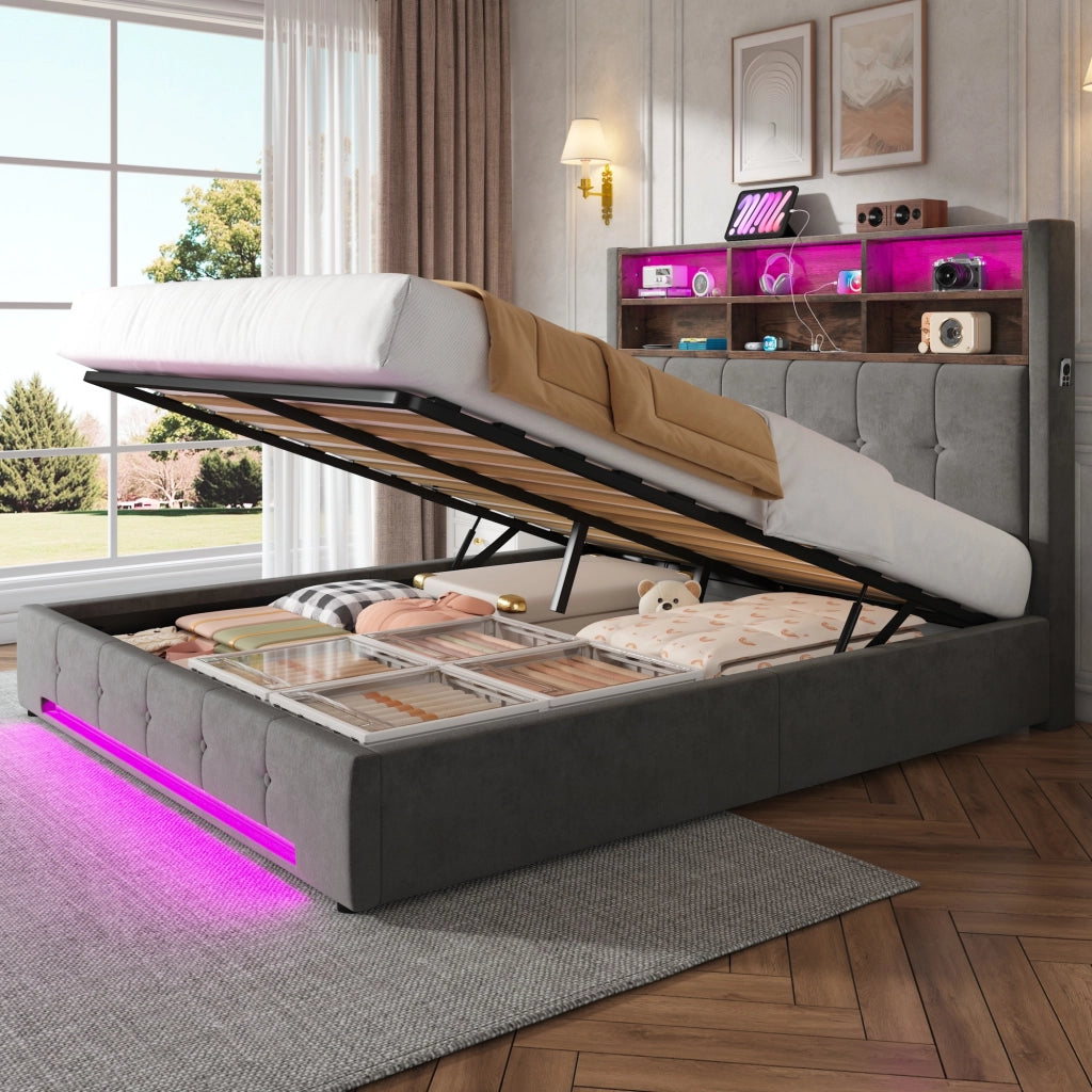 LETTO Contenitore 160x200 cm in velluto grigio scuro con LED e USB-C