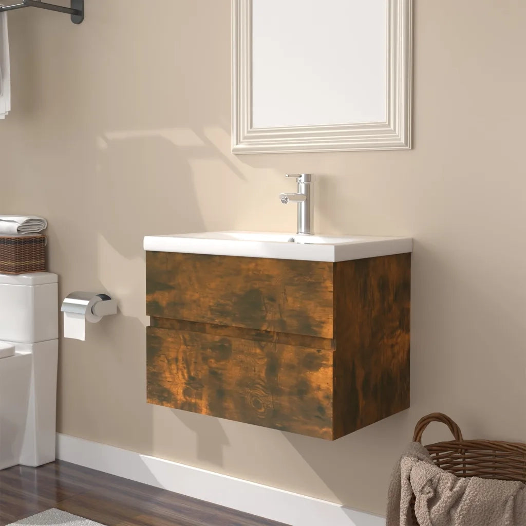 Mobile Bagno con Lavabo Integrato-Lavandino-Lavabo Rovere Fumo Legno Multistrato 799156