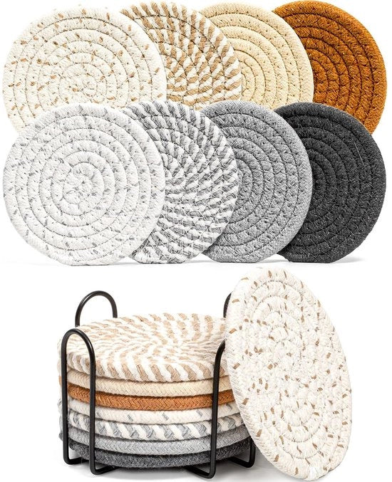 8 sottopiani assorbenti, fatti a mano, sottopiani intrecciati con supporto, sottopiani per tavolo salotto, superassorbenti, resistenti al calore sottopiani per bevande, eccellenti