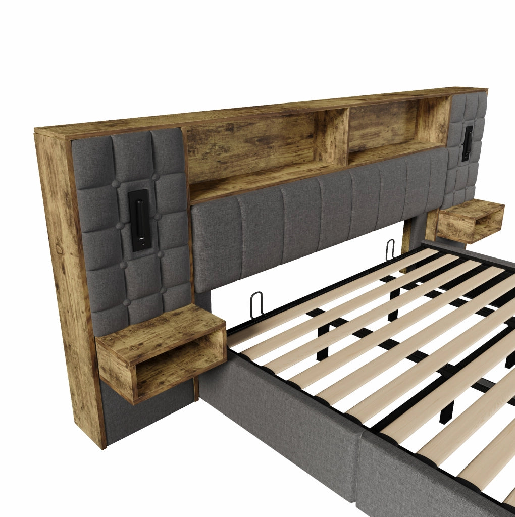 Letto matrimoniale 180x200 cm con contenitore; LED; USB e Type-C; comodini integrati; lino grigio