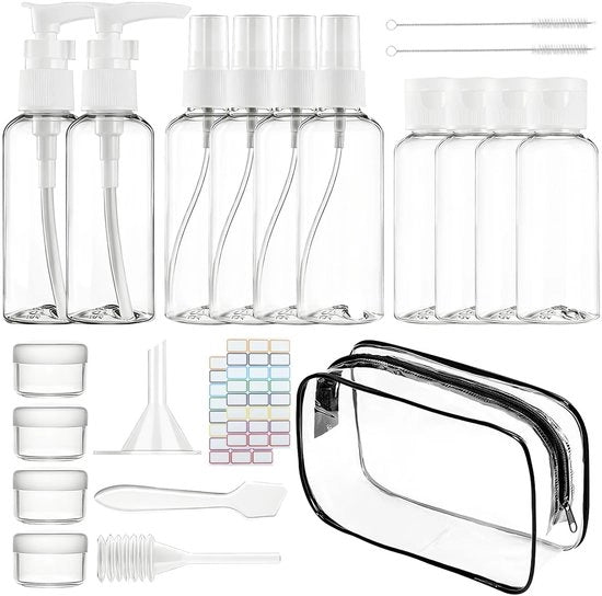 Set di Flessi per Viaggio 14 pezzi - 4 Flessi Spray 50 ml - 4 Flessi di Ricarica 60 ml - 4 Boccette 20 g - Incluso Cucchiaio/Sbucciapelle - Riciclabile/Kunststof - Set di Flessi per Bagno