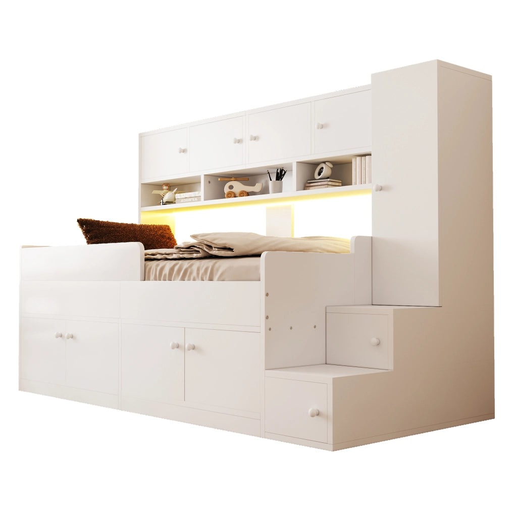 Letto a soppalco 90 × 200 cm con scala contenitore armadio LED e barriera in legno bianco