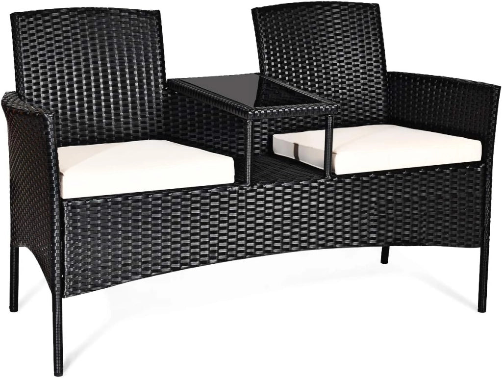 Panchina da Giardino in Polyrattan, 2 Posti, con Tavolo e Cuscino, Set da Giardino in Rattan, per Balcone, Terrazza, 138x62x85cm, 3 Colori (Bianco)