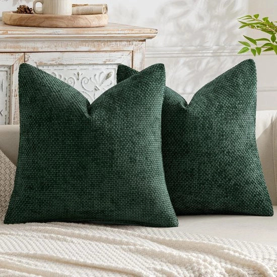 Cuscini con frange - coprispalliera in chenille per divano - cuscino decorativo per salotto - verde scuro - 40 x 40 cm.