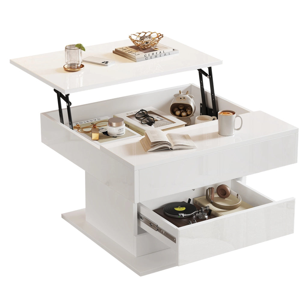Tavolino da salotto quadrato sollevabile con 1 cassetto e vano nascosto; piano girevole a 360°; per soggiorno; 70 × 70 × 45 cm