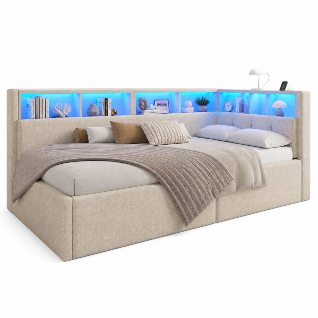 Daybed 90x200 cm Beige con LED, USB-C, Vani Portaoggetti e Sollevamento Idraulico