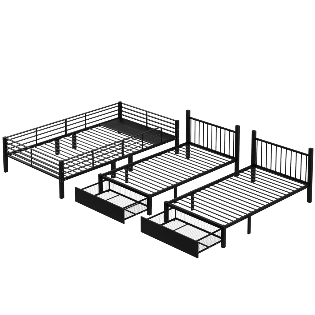 Letto a castello triplo trasformabile con cassetti; 140x200 cm + 2 letti 90x200 cm; metallo nero