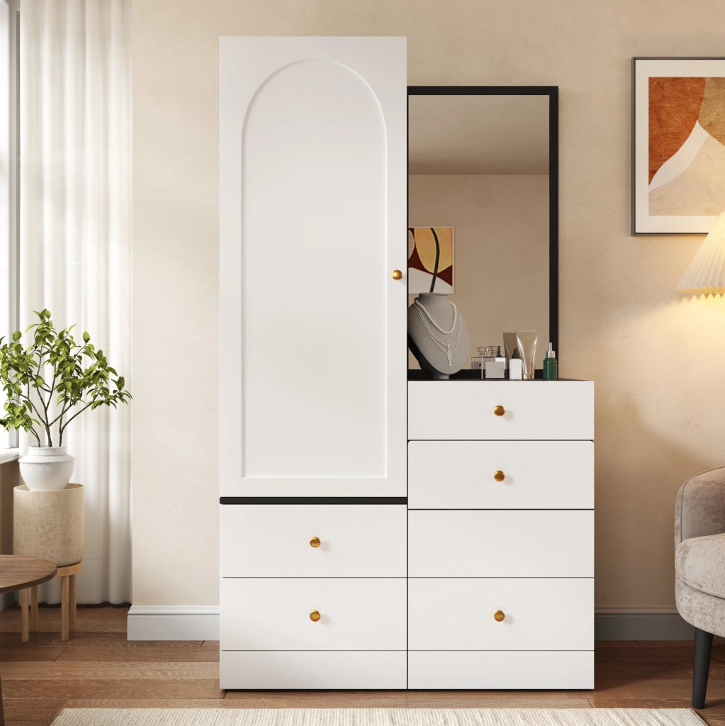 Armadio combinato con specchio a figura intera e sgabello estraibile 90x50;5x160 cm; MDF bianco e nero