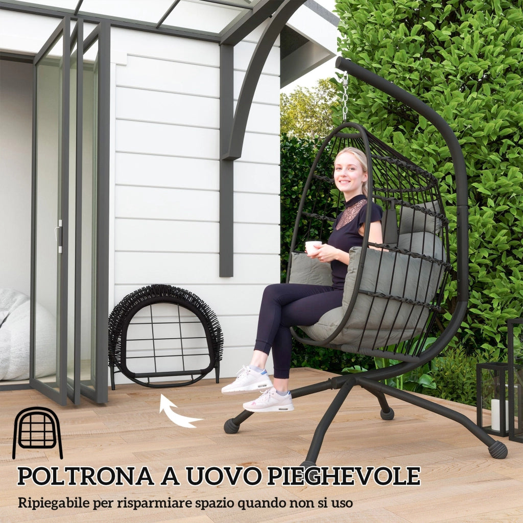 Poltrona Sospesa Amaca a Uovo 120x88x192 cm con Gancio Regolabile in Acciaio Nero e Grigio