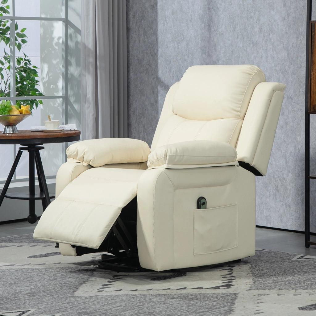 Poltrona Elettrica Alzapersona Reclinabile 160¡ã, Poltrona Relax Elettrica in Pelle PU con Telecomando, Poggiapiedi e 2 Tasche Laterali per Soggiorno, Bianco Crema