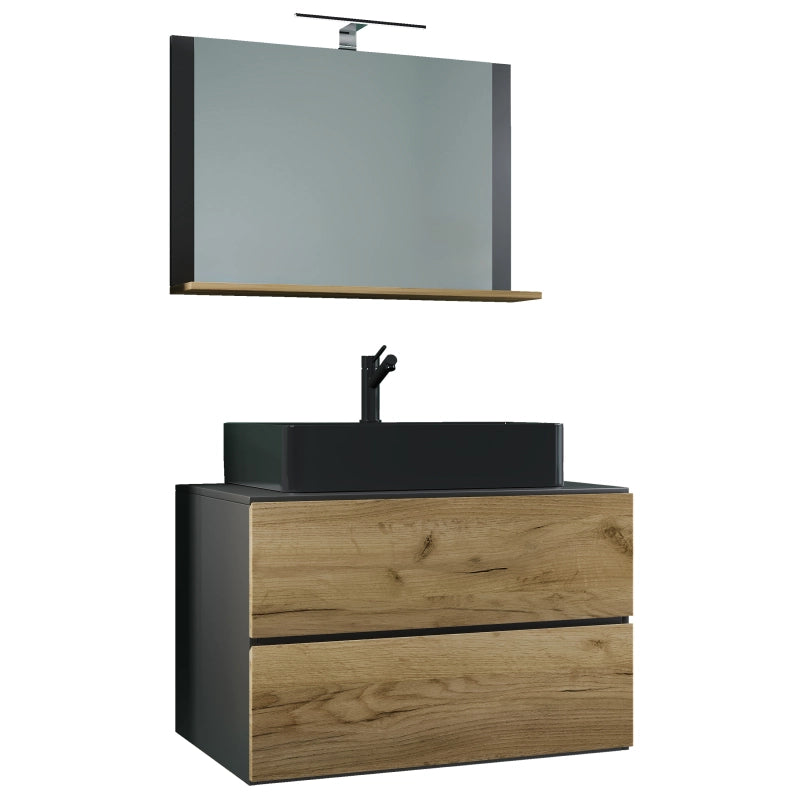 Luce Mobile Sospeso con 2 cassetti XL con lavabo nero nero in ceramica di alta qualità e specchio, Antracite/Rovere