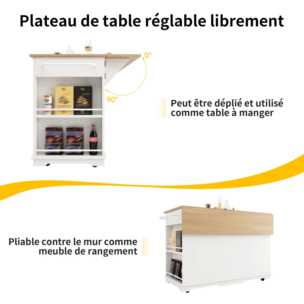 Carrello da Cucina con 1 Cassetto; Piano Ribaltabile; Vetro Temperato e Ripiani; in MDF; Bianco e Naturale