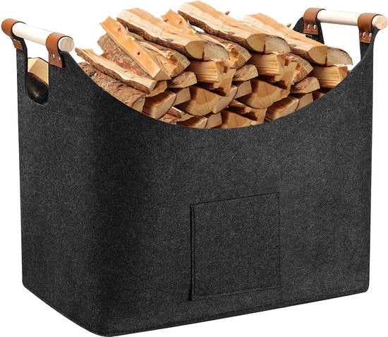 Mangialegna in legno - contenitore per legna da ardere con maniglie - velluto grigio scuro - dimensioni extra grandi - materiale resistente