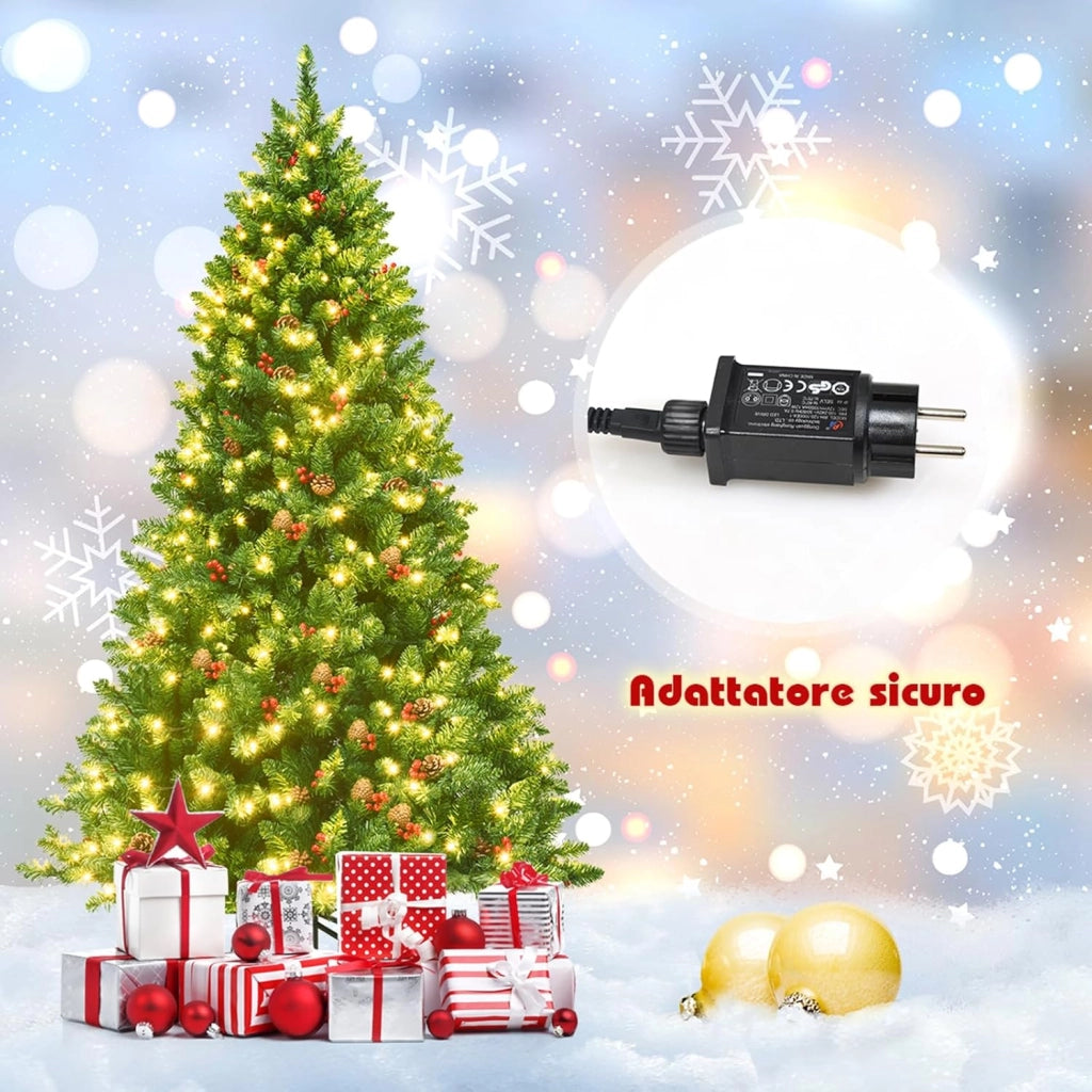 Albero di Natale 135/195 cm, Albero di Natale con 300/450 Luci Incorporate Bianco Caldo, 516/1100 Rami, 32/56 Pigne e 32/56 Bacche Rosse e Base in Metallo, Verde (195cm)