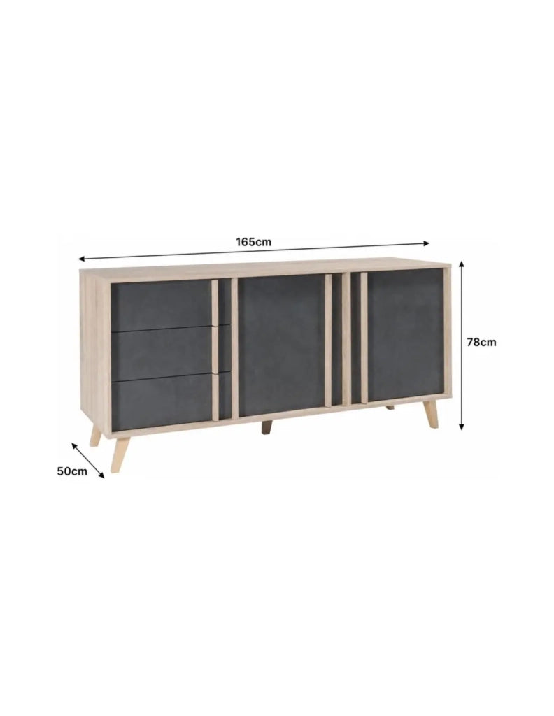 Sala da pranzo completa MALMO con tavolo 6 posti 160 cm e buffet 165 cm - Rovere chiaro e grigio