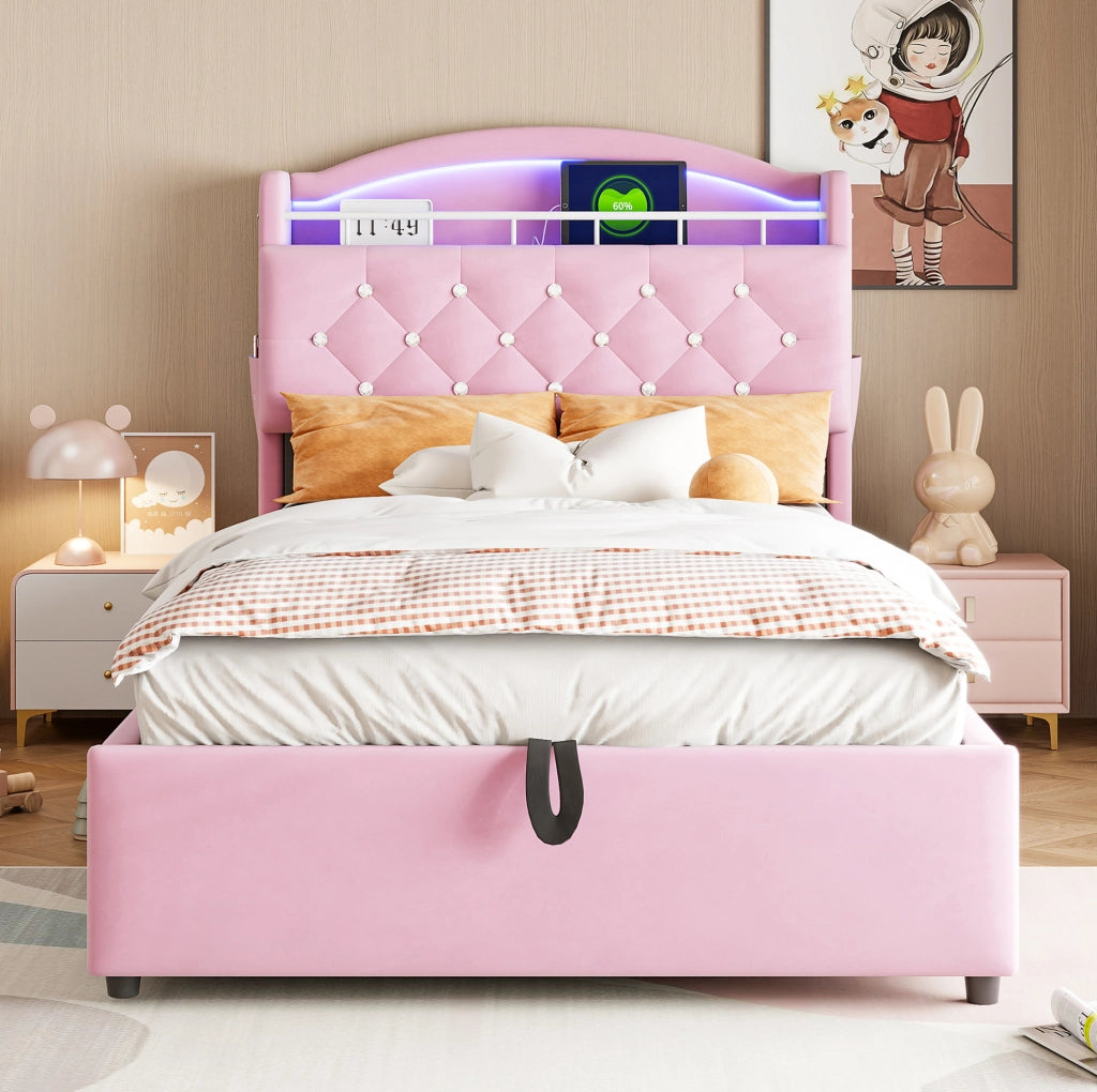 Letto imbottito per bambini 90x200 cm con contenitore; LED; USB e portaoggetti; rosa