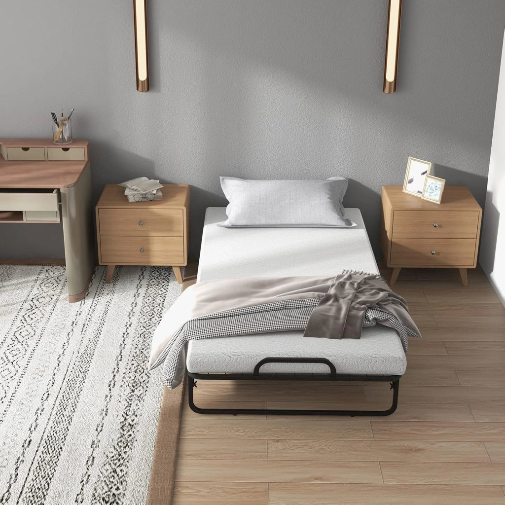 Letto Pieghevole con Materasso 190 cm, Letto per Ospiti a Scomparsa con Materasso in Memory Foam, Lettino Pieghevole Portatile su Ruote per Soggiorno, Camera, Ufficio