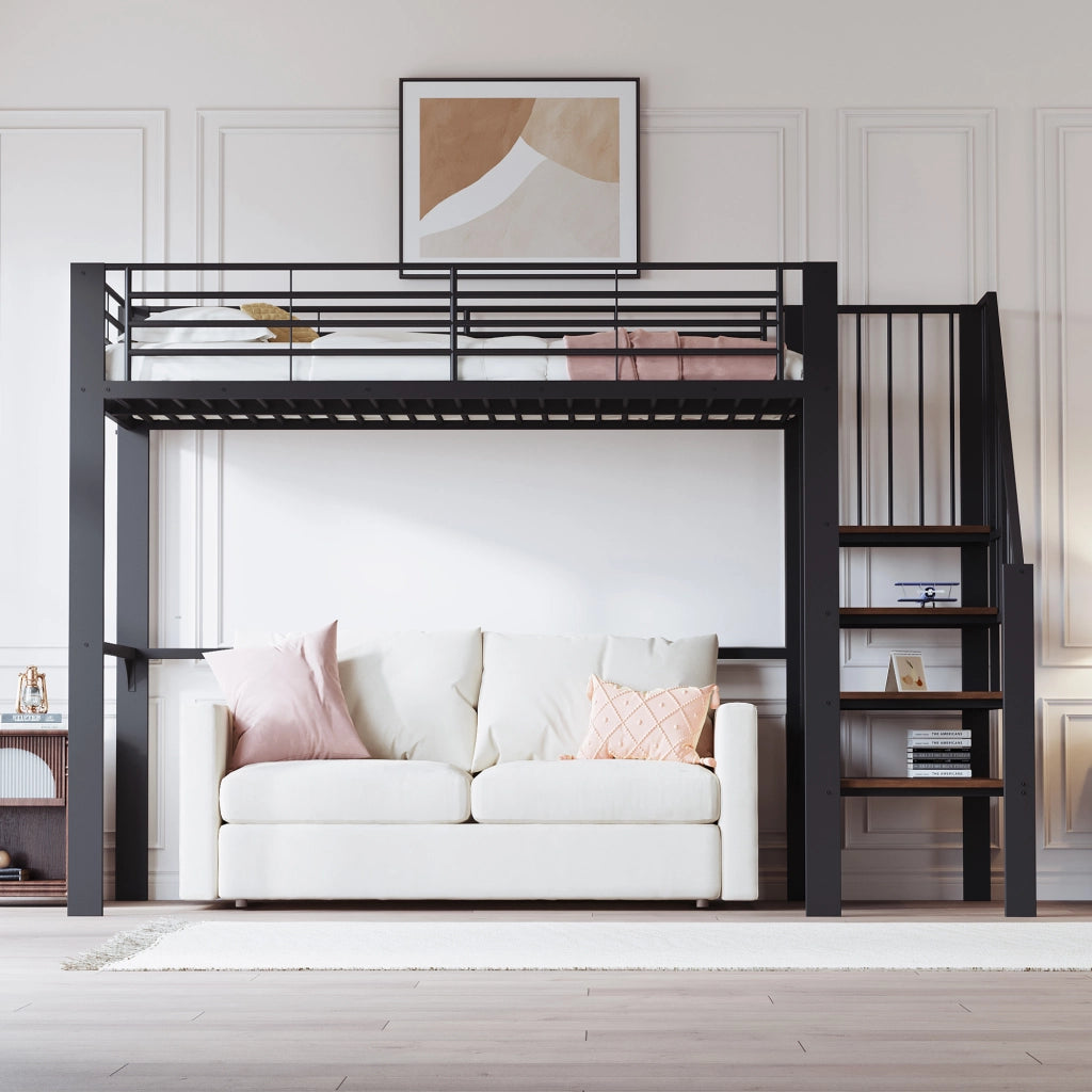 Letto a castello nero in metallo e legno con spazio di stoccaggio 90x200 cm
