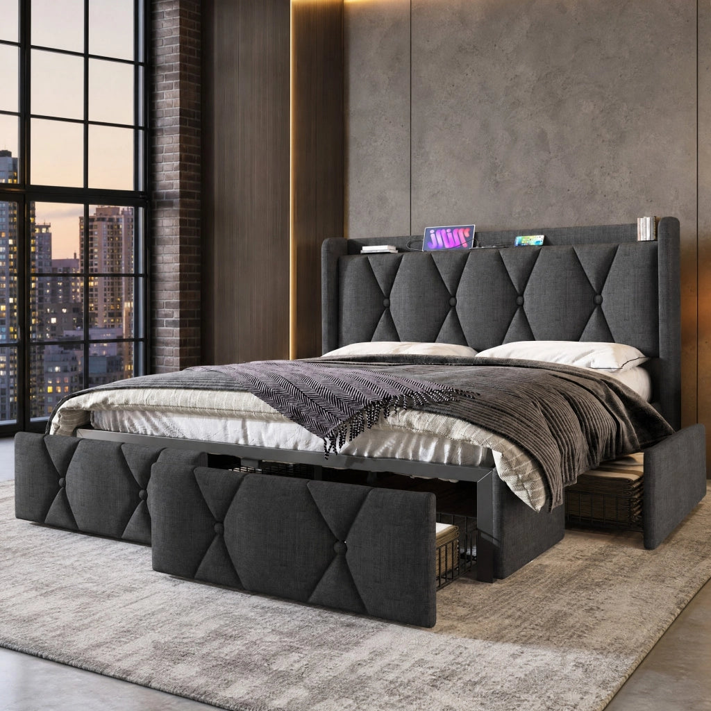 LETTO Contenitore 160x200 cm Grigio in lino con 4 cassetti