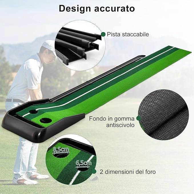 Tappetino da Golf per Interni ed Esterni, Tappetino per Putting Green con Ritorno Automatico della Palla e 1/2/3 Dimensioni di Buche per Allenarsi a Casa o in Ufficio