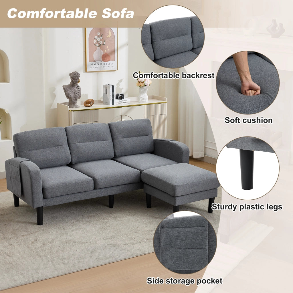 Divano angolare modulare a 3 posti con penisola e tasche laterali sfoderabile in tessuto grigio 204 × 136 × 80 cm