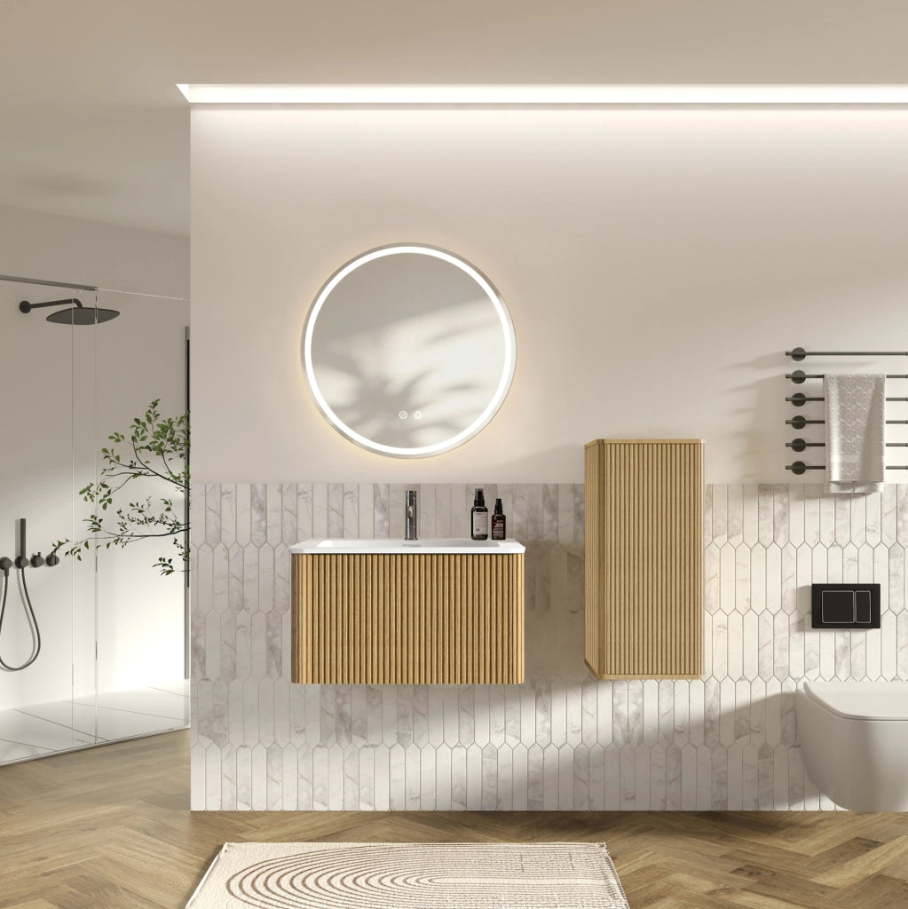 Set mobili bagno rovere in MDF; lavabo e specchio LED con luce regolabile