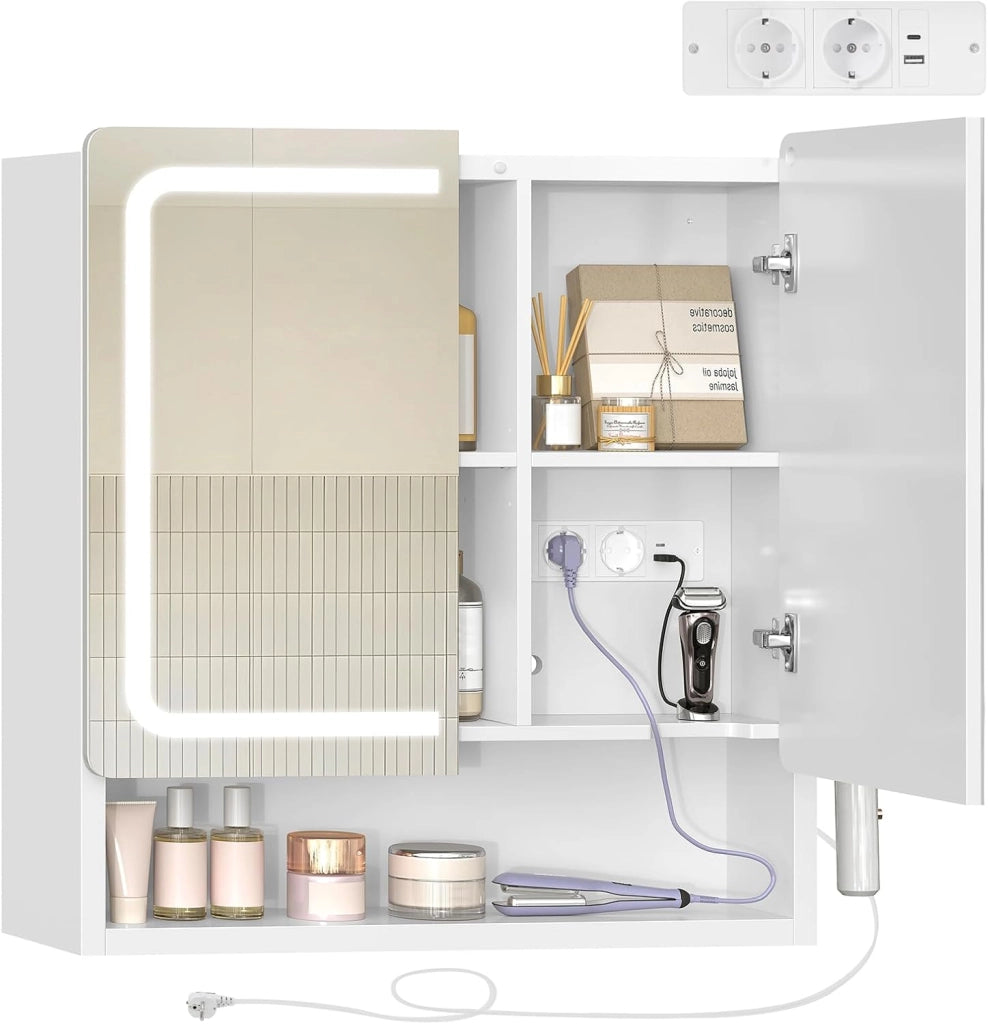 Specchio Bagno Contenitore con Luce LED e Presa Elettrica, Mobile Bagno a Specchio con 2 Ante e Gancio Asciugacapelli, 3 Temperature di Luce Dimmerabili a Touch, Ripiani Regolabili, Bianco