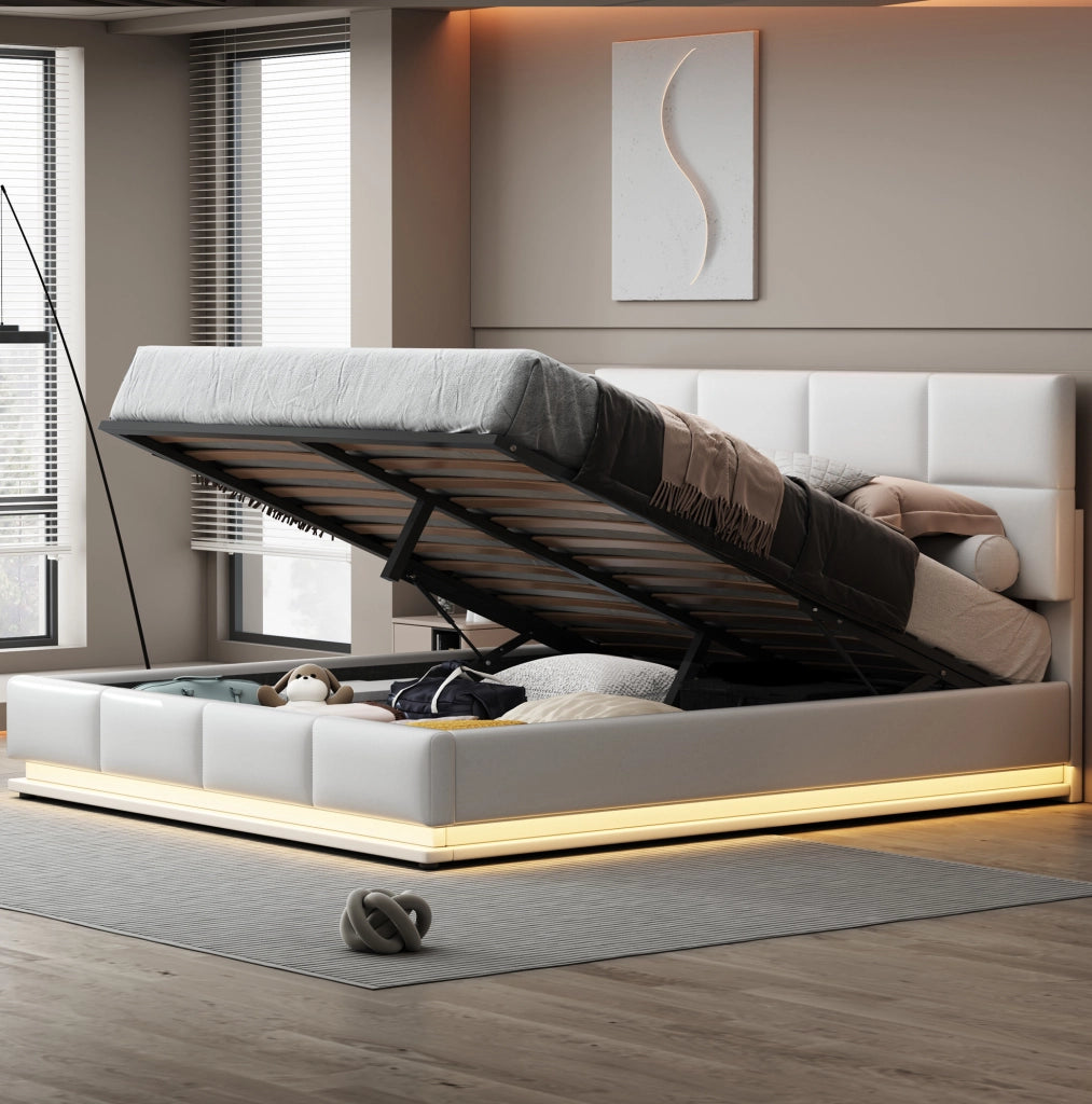 Letto 180x200 cm con LED e contenitore sollevabile in similpelle bianco