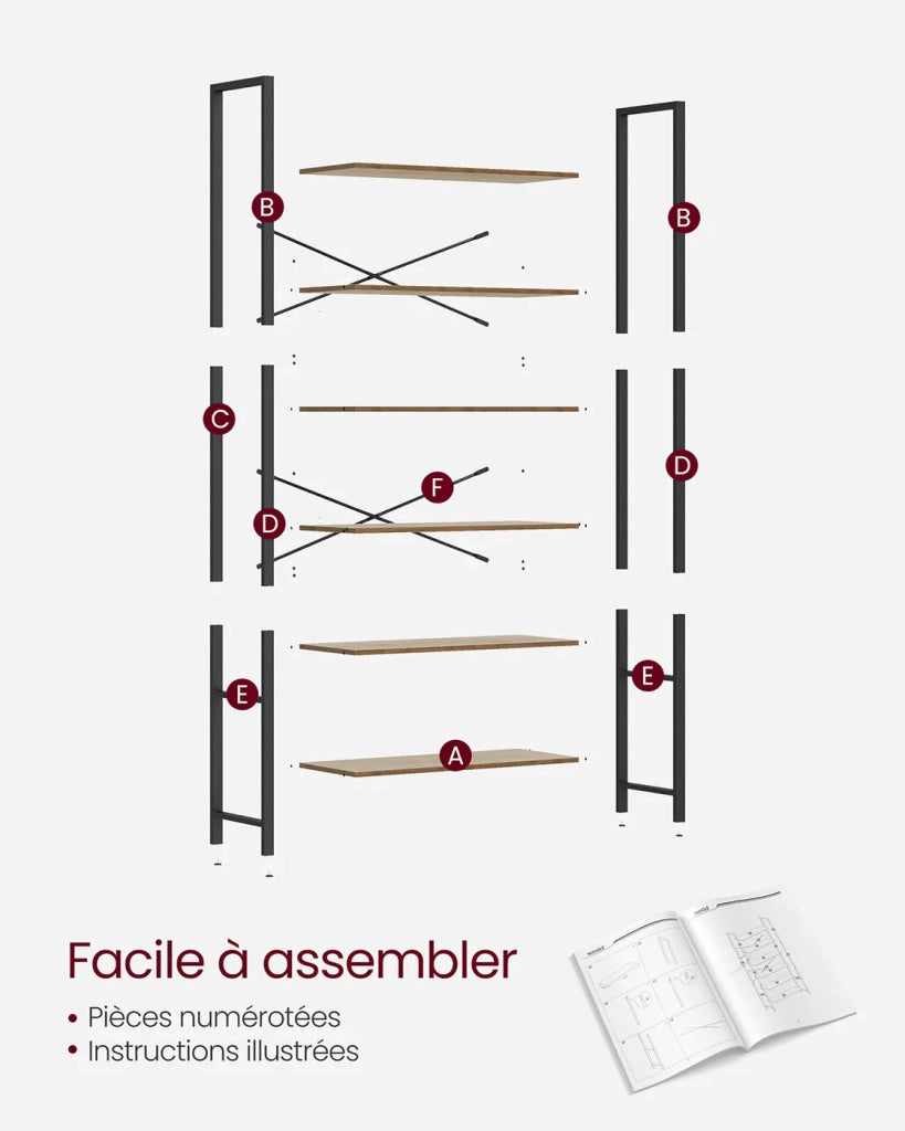 Libreria a 6 ripiani con struttura in acciaio per soggiorno ufficio ingresso stile industriale 80 x 30 x 186 cm marrone 12_0005454