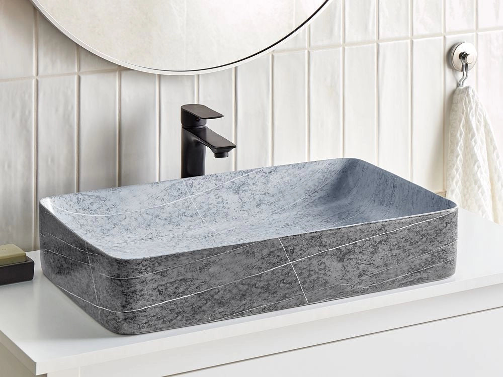 Lavabo da appoggio in ceramica grigia effetto granito 61 x 35 cm Lavello rettangolare per bagno Stile industriale