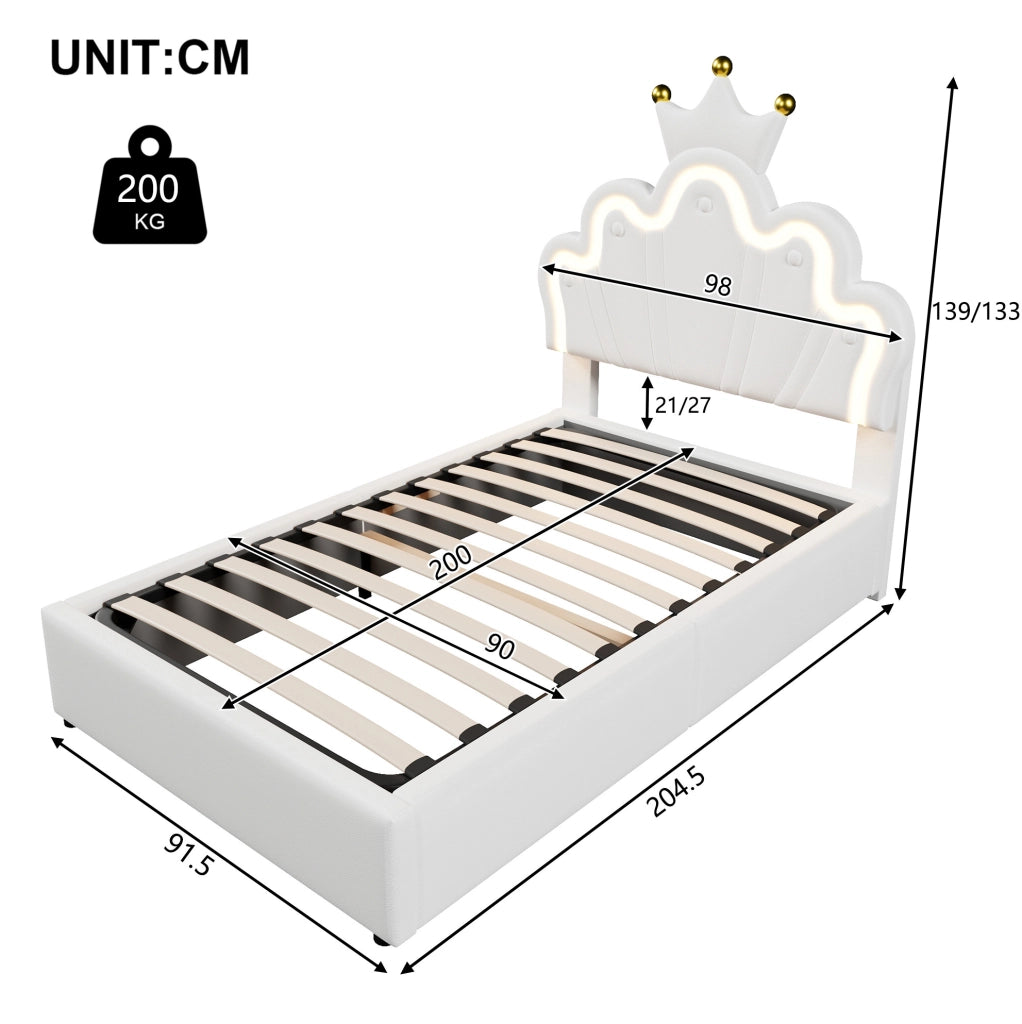 Letto imbottito 90 x 200 cm con LED, testiera regolabile e contenitore idraulico