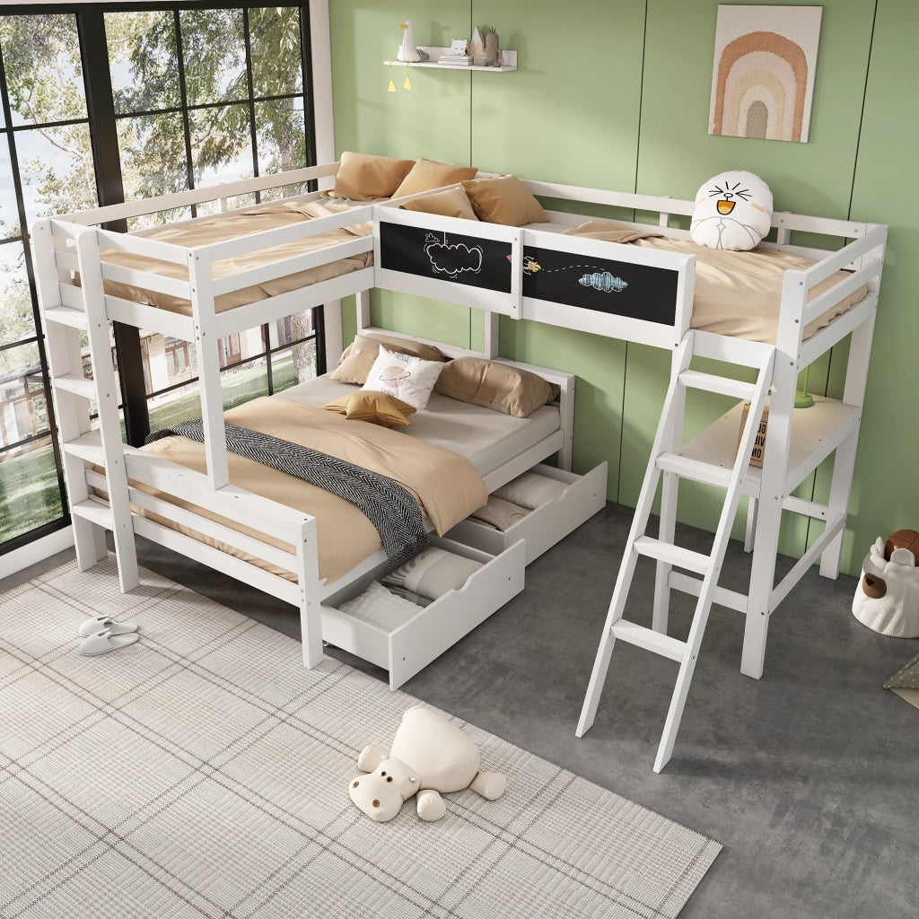 OKWISH Letto a Castello 140×200 cm e 90×200 cm, Letto 3 Posti con 2 Cassetti, Scrivania Integrata e Mensole, senza Materasso, Bianco