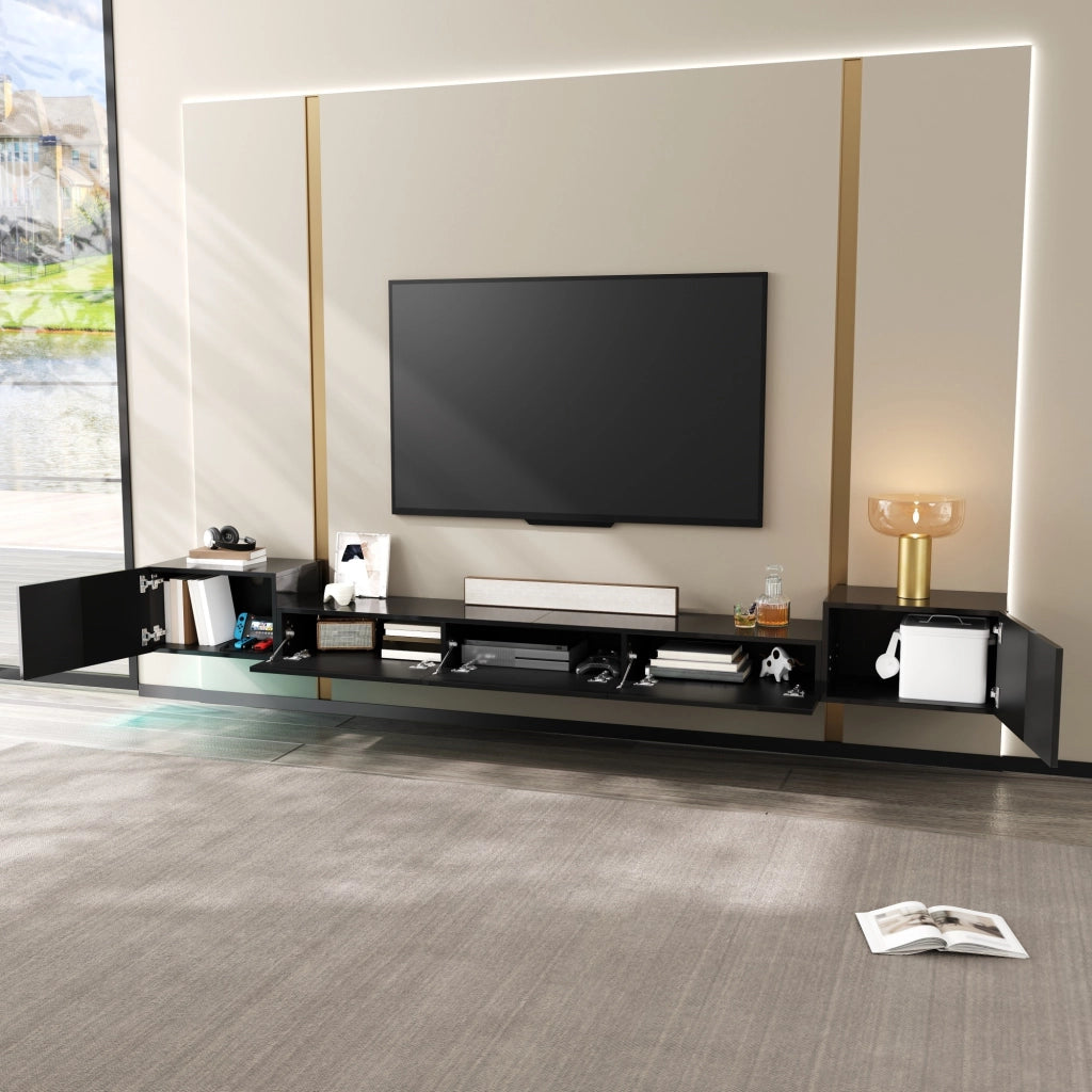 Mobile porta TV sospeso con 2 ante a battente, 3 ante a ribalta e LED app, per soggiorno, nero, 245 × 30 × 26 cm