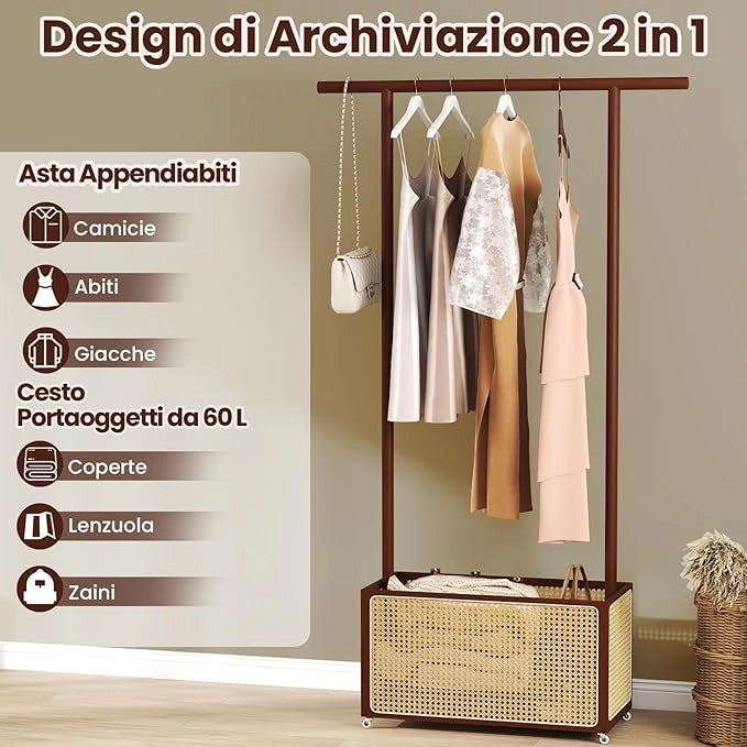 2 in 1 Porta Abiti in Bambù, Appendiabiti con Cesto di Stoccaggio in Rattan, Stand AppendiAbiti con Ruote per Ingresso Soggiorno Camera da Letto