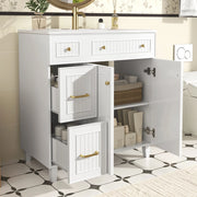 Mobile bagno freestanding con lavabo in ceramica, struttura in MDF laccato, gambe in legno massiccio e spazio contenitivo multiuso