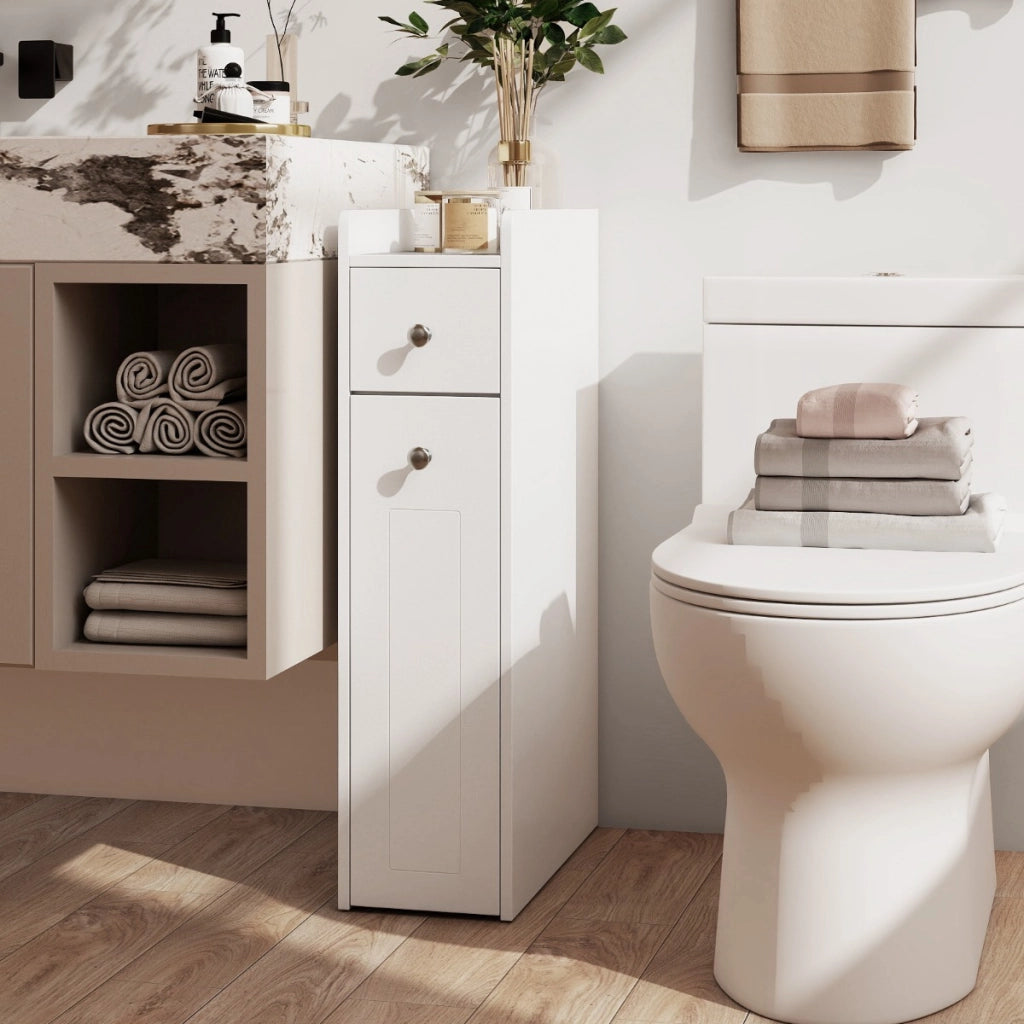 Armadietto da bagno stretto a 4 ripiani con cassetti estraibili, Armadietto da bagno armadio da bagno Bianco-Armadietti da bagno