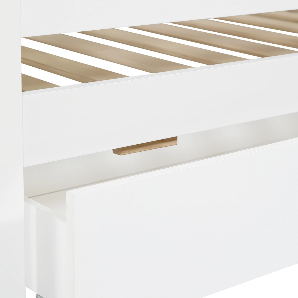 DESMIU Letto a castello per bambini 90 × 200 cm con finestre, tetto e 2 cassetti, senza materasso, bianco e naturale
