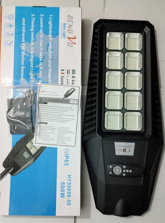 LAMPIONE 500W PANNELLO SOLARE INTEGRATO CREPUSCOLARE IP65 LUCE Fredda 130lm/w - Benovo