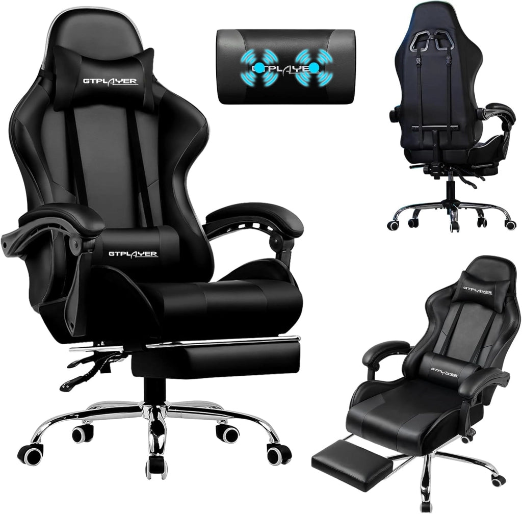Sedia da Gaming Massaggiante ed Ergonomica con Schienale Regolabile, Poggiapiedi e Supporto Lombare - Reclinabile, Blu