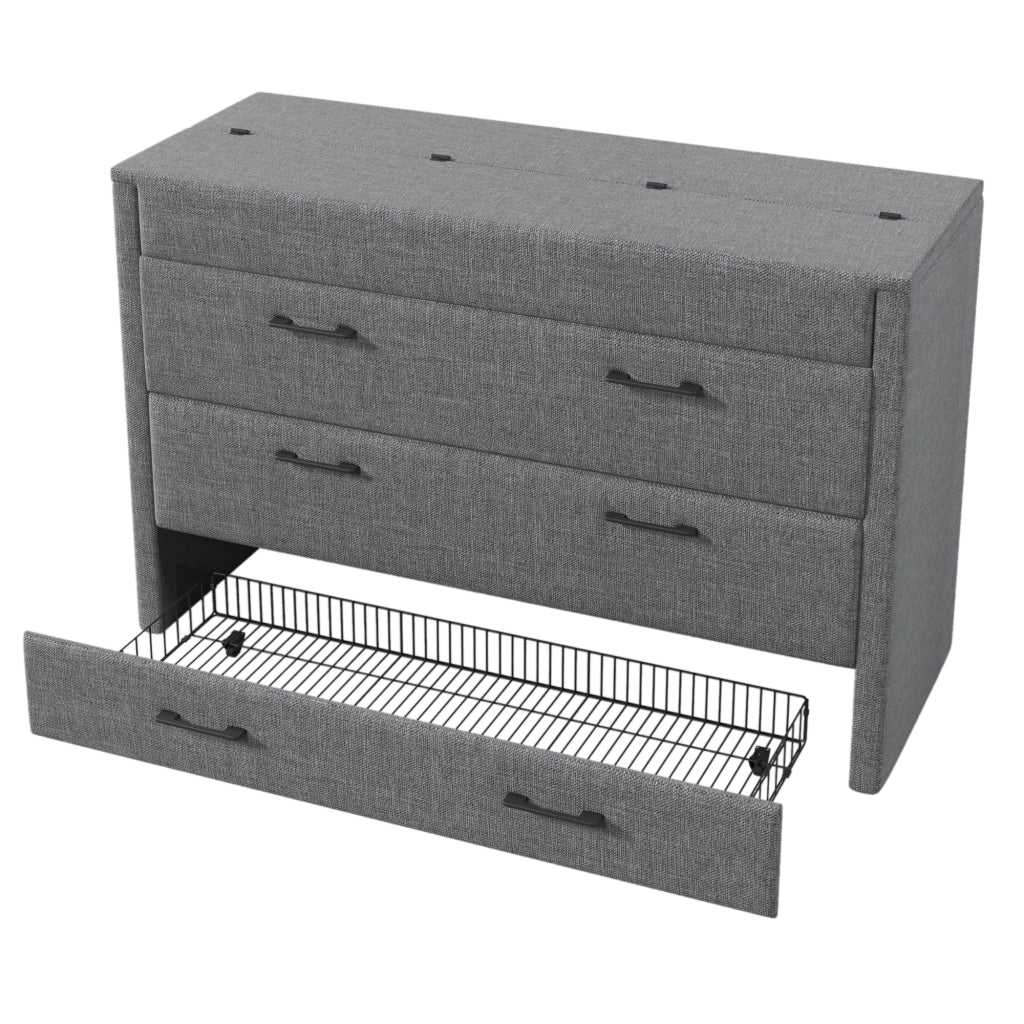 Letto a scomparsa 140x200 in lino grigio; trasformabile in armadio con prese USB e Type-C