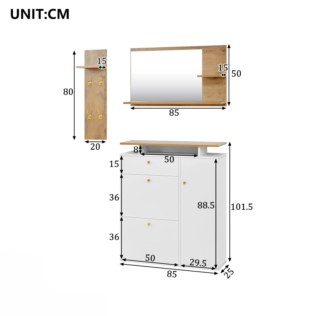 Mobili da ingresso con specchio, scarpiera a 3 vani e appendiabiti a 4 ganci, per corridoio, bianco, 105 × 25 × 151.5 cm