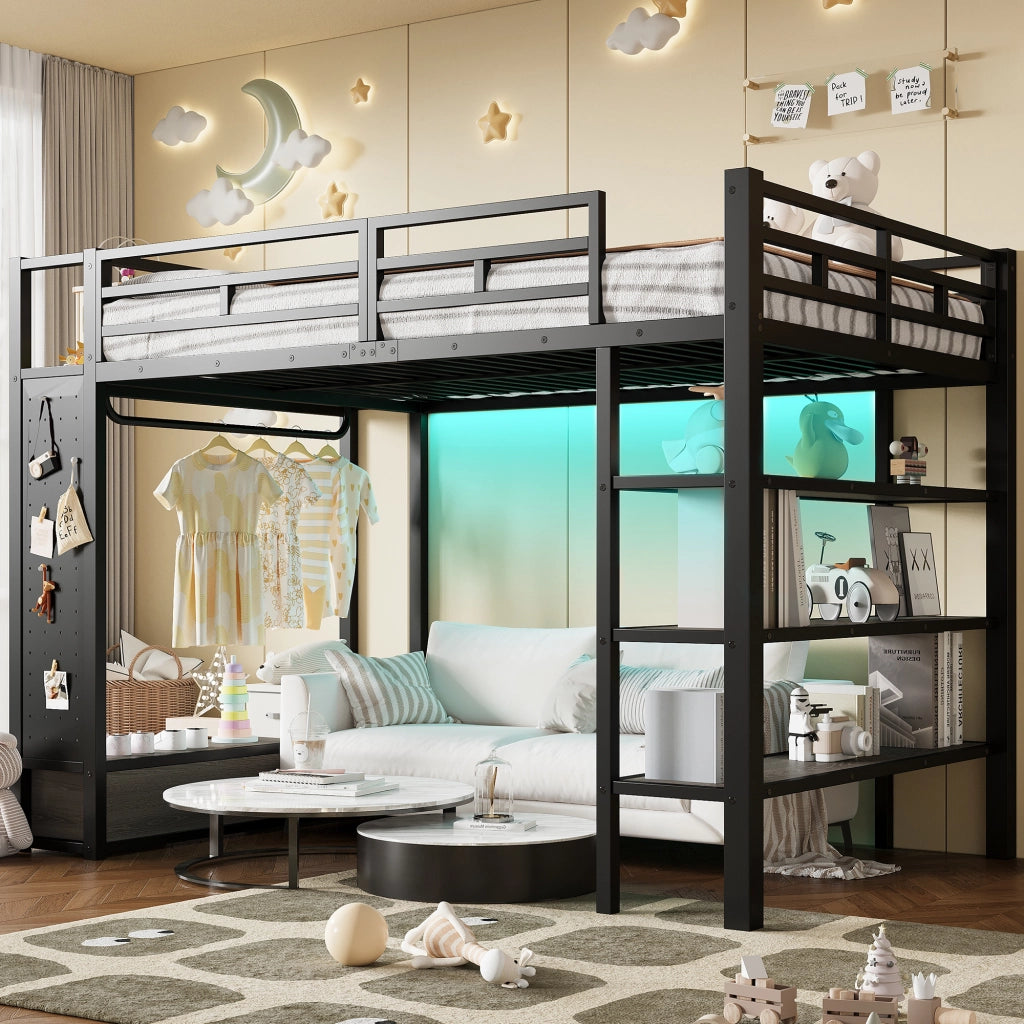 Letto a Soppalco con Armadio Aperto e LED ¨C MINIMAL ¨C Metallo Nero 140x200