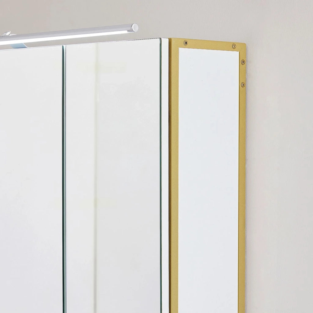 Mobiletto da bagno sospeso con specchio 70 x 14,5 x 70 cm con luce LED 3 ante ripiano regolabile portaphon stile moderno chic bianco e oro 12_0004037