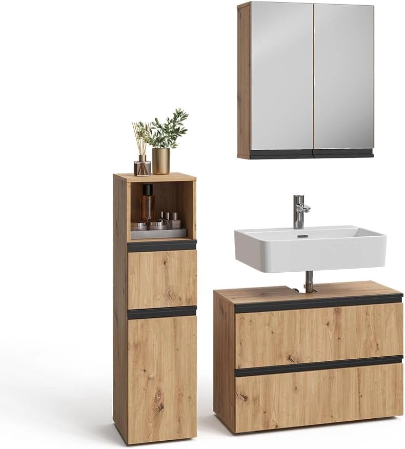 Set di mobili da bagno Torren, Artigiano, 80 cm, composto da mobile sottolavabo, specchiera e mobile medio