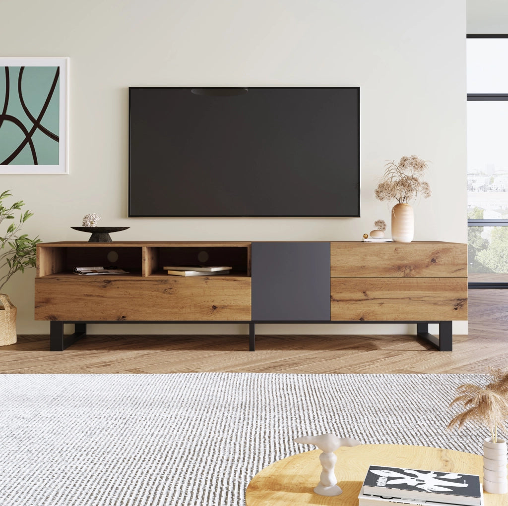 Mobile TV 180x38x50 cm; ampio spazio contenitivo con push-open; MDF; nero e grigio