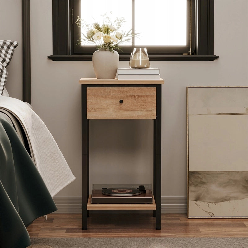 Mobiletto da notte stile loft con cassetto e ripiano tavolino ausiliario industriale