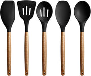 Kit di rivestimento antiaderente in silicone per pentole con manico in legno di acacia naturale, resistente a elevate temperature.